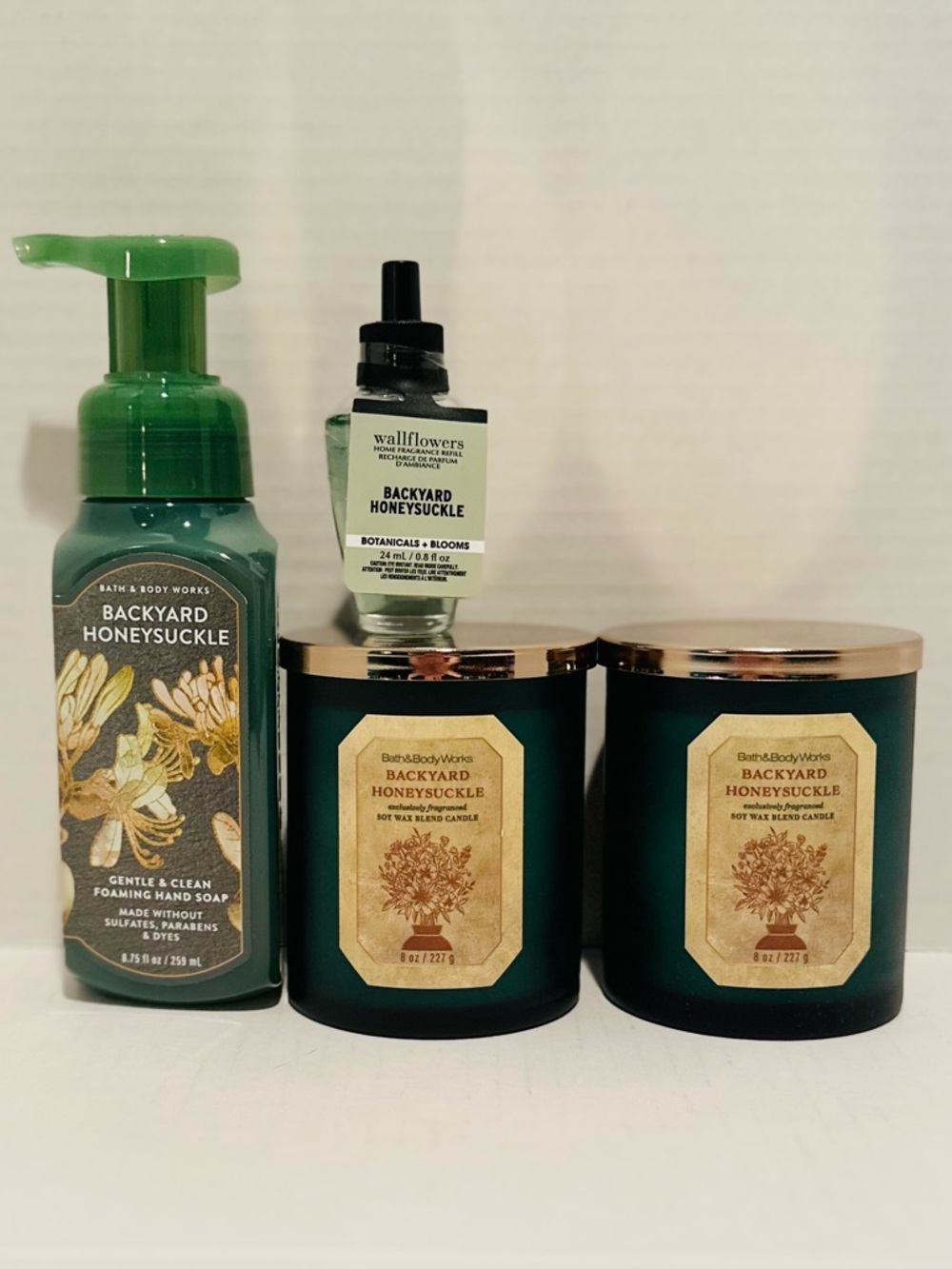 Bath & Body NEW Backyard Honeysuckle (2) Candles, Wallflower Refill & Hand Soap